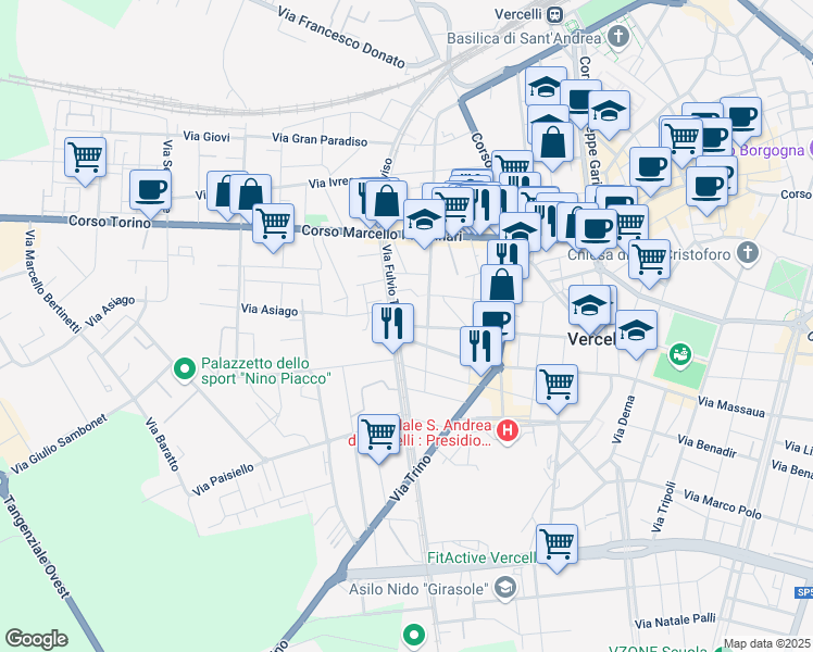 map of restaurants, bars, coffee shops, grocery stores, and more near 87 Via Ludovico Ariosto in Vercelli