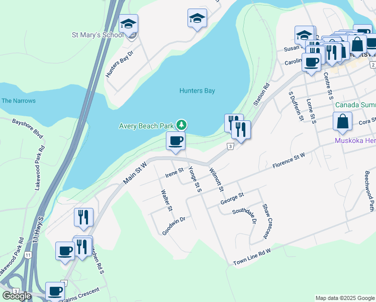 map of restaurants, bars, coffee shops, grocery stores, and more near 2 Yonge Street North in Huntsville