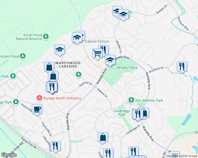 map of restaurants, bars, coffee shops, grocery stores, and more near 5098 Kanata Avenue in Ottawa