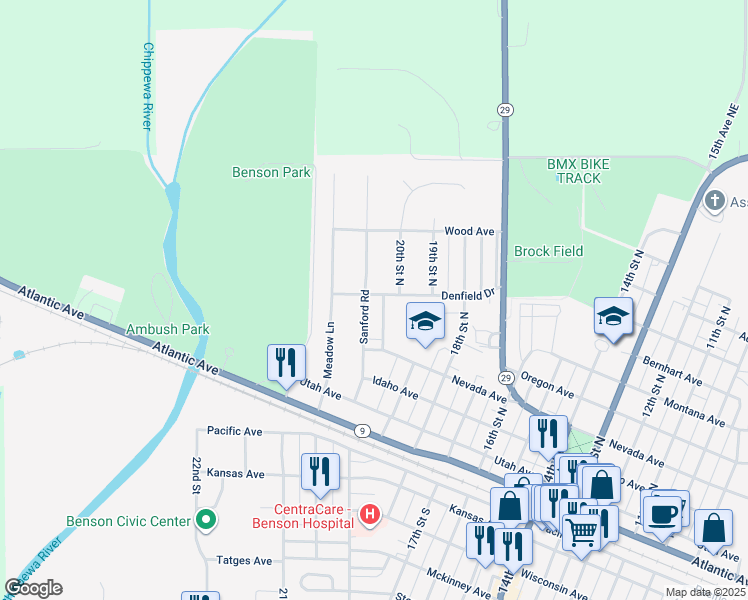 map of restaurants, bars, coffee shops, grocery stores, and more near 314 Sanford Road in Benson