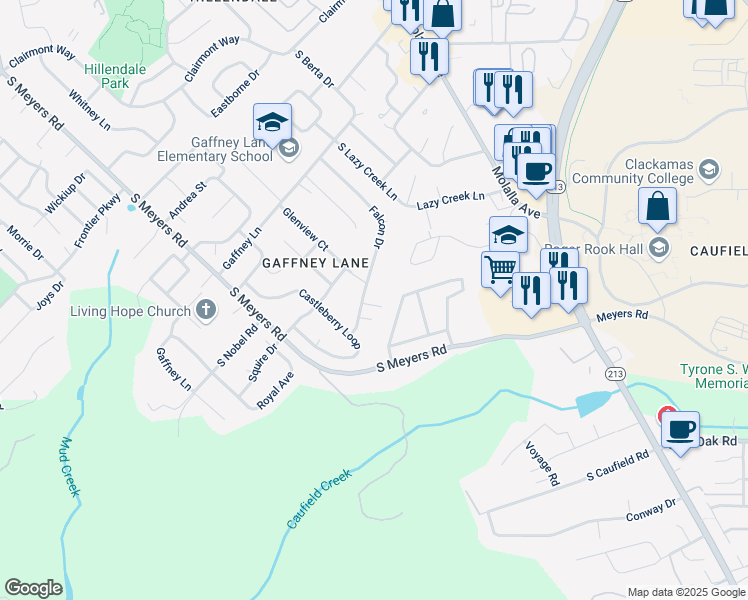 map of restaurants, bars, coffee shops, grocery stores, and more near 19700 Falcon Drive in Oregon City