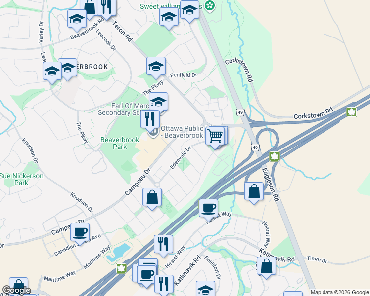 map of restaurants, bars, coffee shops, grocery stores, and more near 50 Edenvale Drive in Ottawa