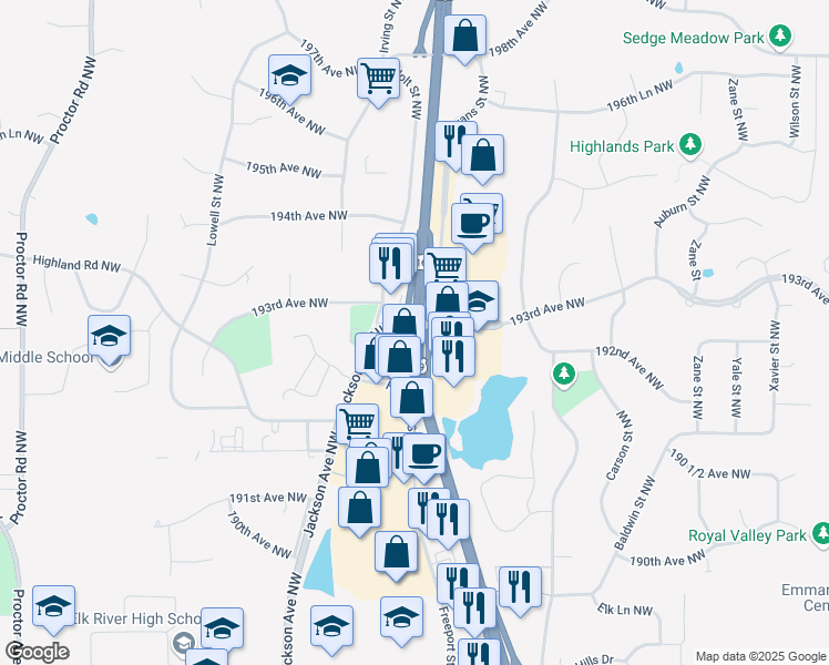 map of restaurants, bars, coffee shops, grocery stores, and more near 26366 U.S. 169 in Elk River