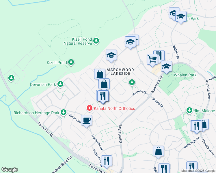 map of restaurants, bars, coffee shops, grocery stores, and more near 1008 Ottenbrite Crescent in Ottawa
