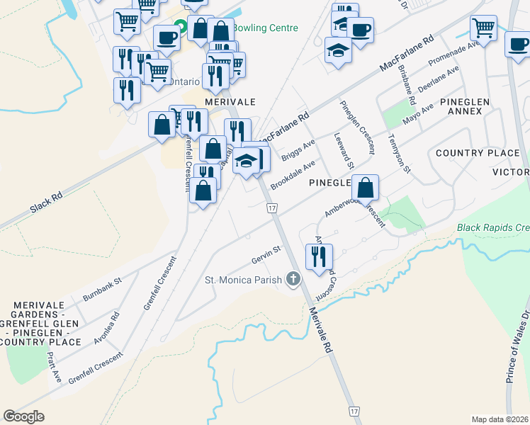 map of restaurants, bars, coffee shops, grocery stores, and more near 2032 Merivale Road in Ottawa