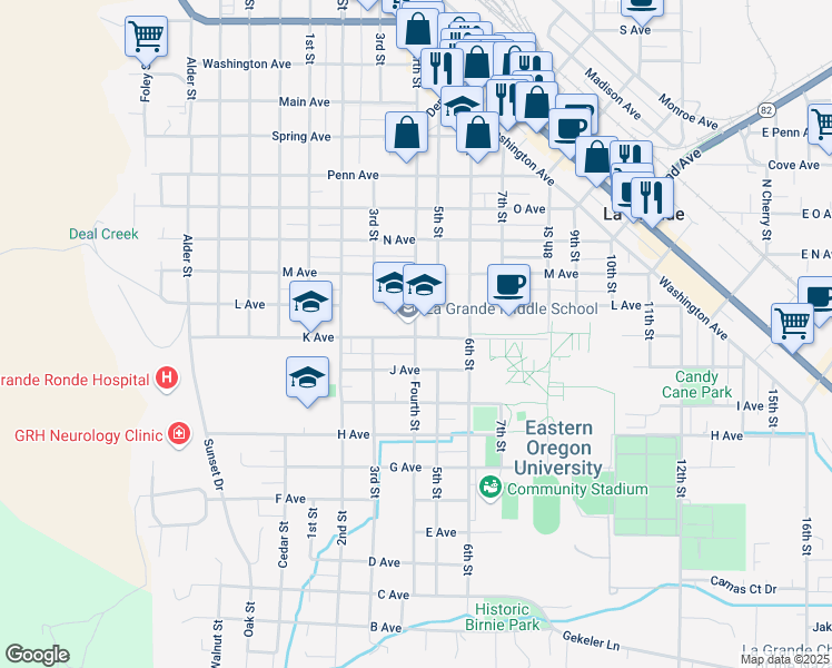 map of restaurants, bars, coffee shops, grocery stores, and more near 1012 Fourth Street in La Grande