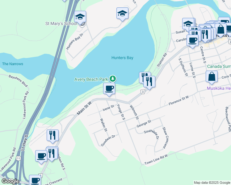 map of restaurants, bars, coffee shops, grocery stores, and more near 2 Yonge Street North in Huntsville