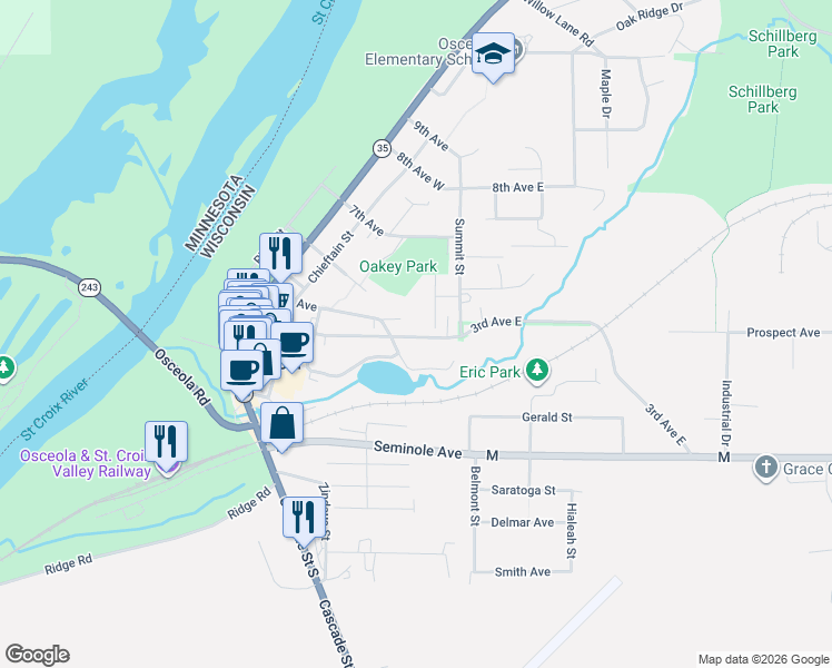map of restaurants, bars, coffee shops, grocery stores, and more near 514 3rd Avenue in Osceola