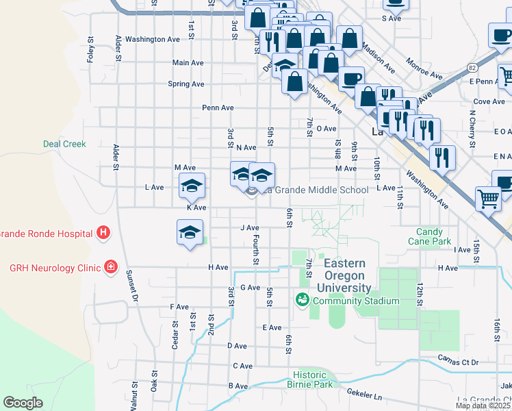 map of restaurants, bars, coffee shops, grocery stores, and more near 1108 Fourth Street in La Grande