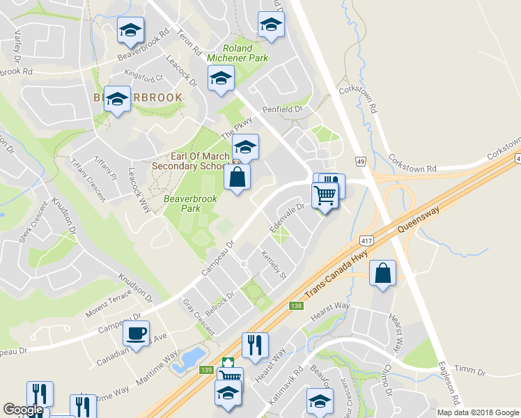 map of restaurants, bars, coffee shops, grocery stores, and more near 1793 Campeau Drive in Ottawa