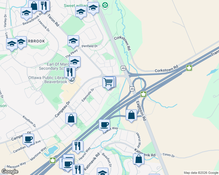 map of restaurants, bars, coffee shops, grocery stores, and more near 50 Colchester Square in Ottawa