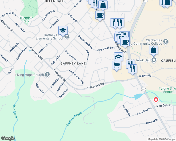 map of restaurants, bars, coffee shops, grocery stores, and more near 19700 Falcon Drive in Oregon City