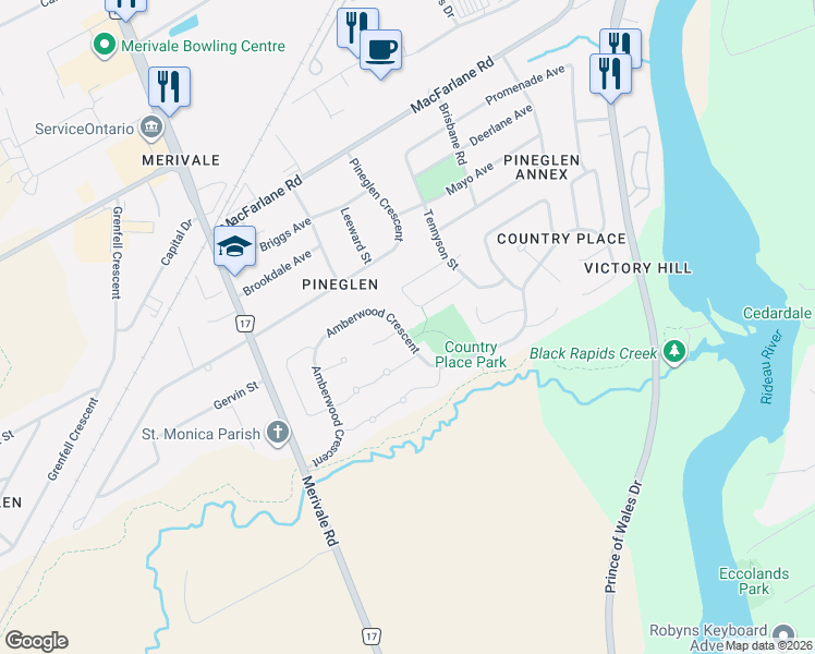 map of restaurants, bars, coffee shops, grocery stores, and more near 61 Amberwood Crescent in Ottawa