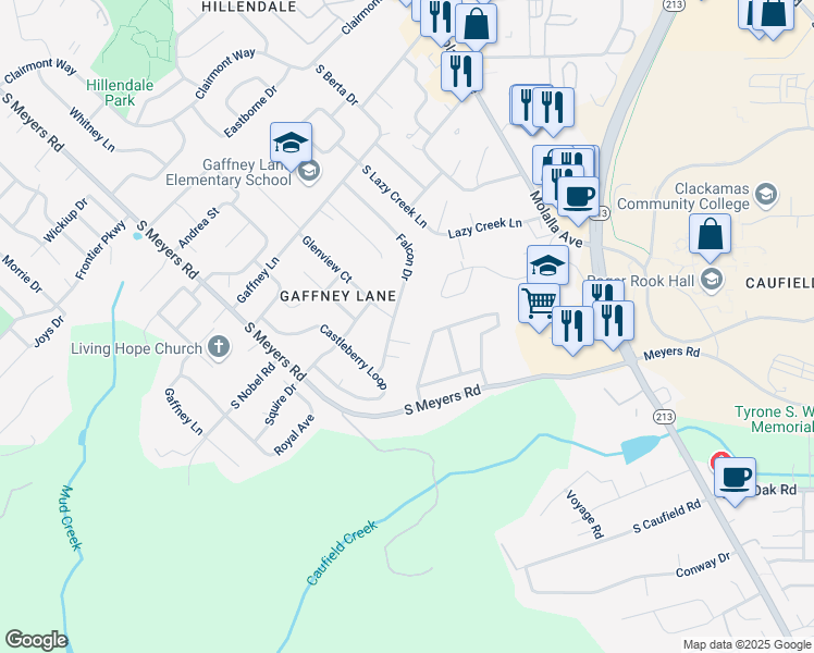 map of restaurants, bars, coffee shops, grocery stores, and more near 19700 Falcon Drive in Oregon City