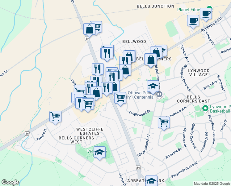 map of restaurants, bars, coffee shops, grocery stores, and more near 5 Hadley Circle in Ottawa