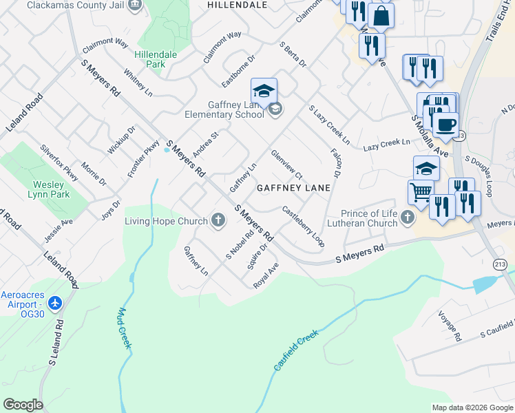map of restaurants, bars, coffee shops, grocery stores, and more near 19778 Castleberry Loop in Oregon City