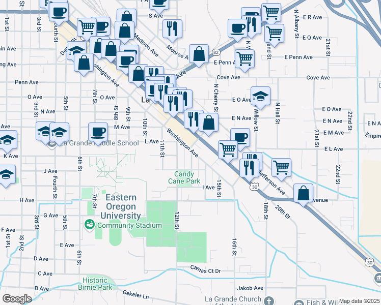 map of restaurants, bars, coffee shops, grocery stores, and more near 2006 Washington Avenue in La Grande