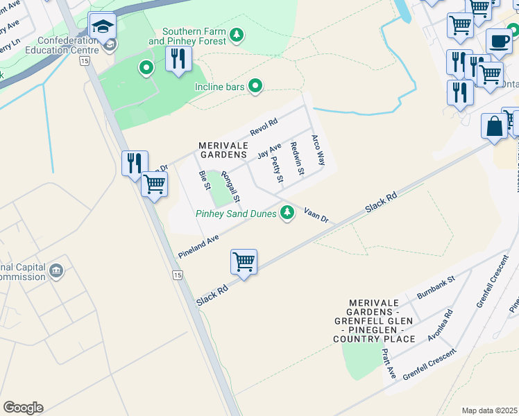 map of restaurants, bars, coffee shops, grocery stores, and more near 11 Pineland Avenue in Ottawa