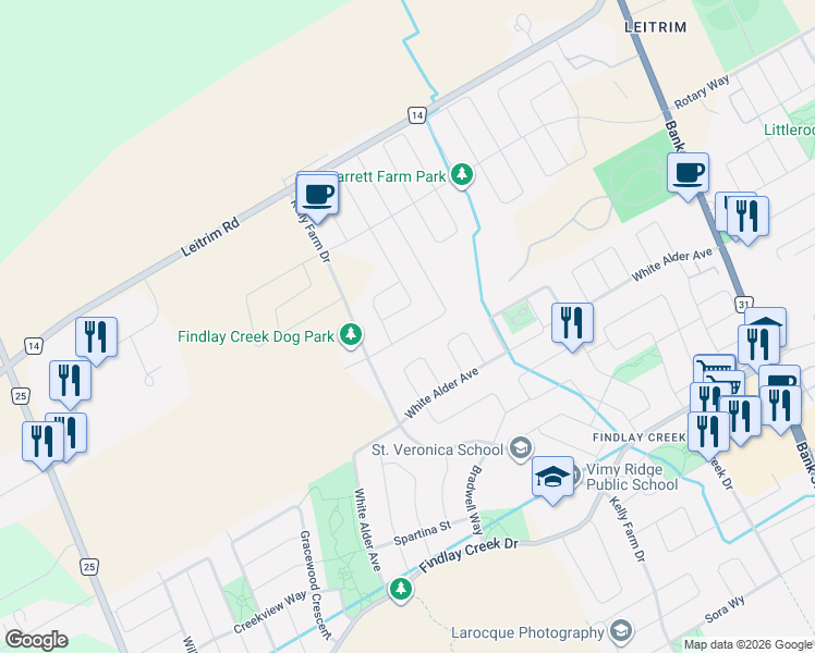 map of restaurants, bars, coffee shops, grocery stores, and more near 210 Trollius Way in Ottawa