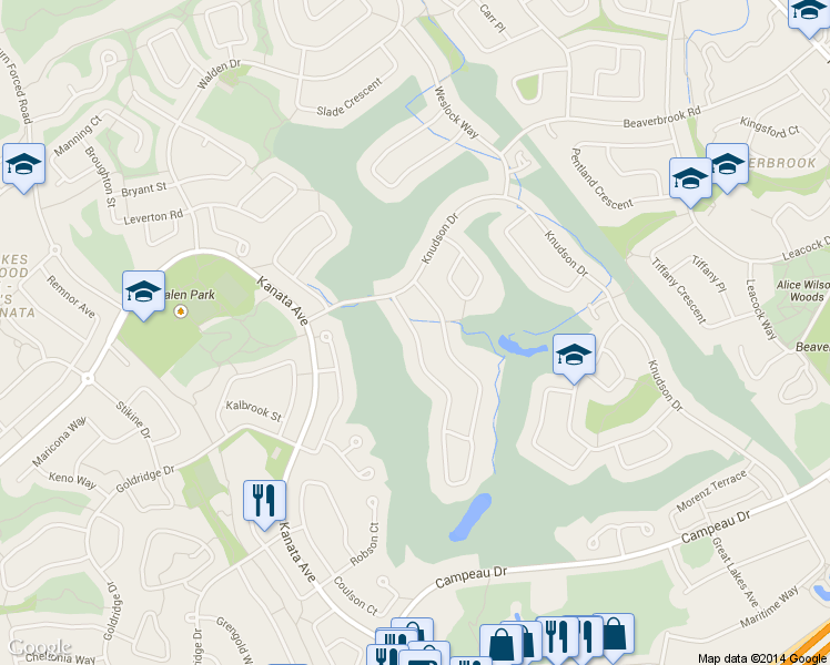 map of restaurants, bars, coffee shops, grocery stores, and more near 136 Shaughnessy Crescent in Ottawa