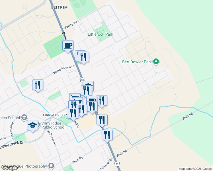 map of restaurants, bars, coffee shops, grocery stores, and more near 3275 Findlay Creek Drive in Ottawa