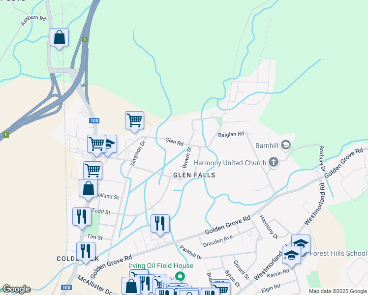 map of restaurants, bars, coffee shops, grocery stores, and more near 102 Glen Road in Saint John