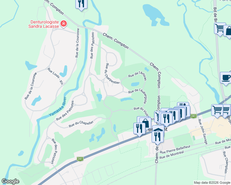 map of restaurants, bars, coffee shops, grocery stores, and more near 607 Rue du Charpentier in Bromont