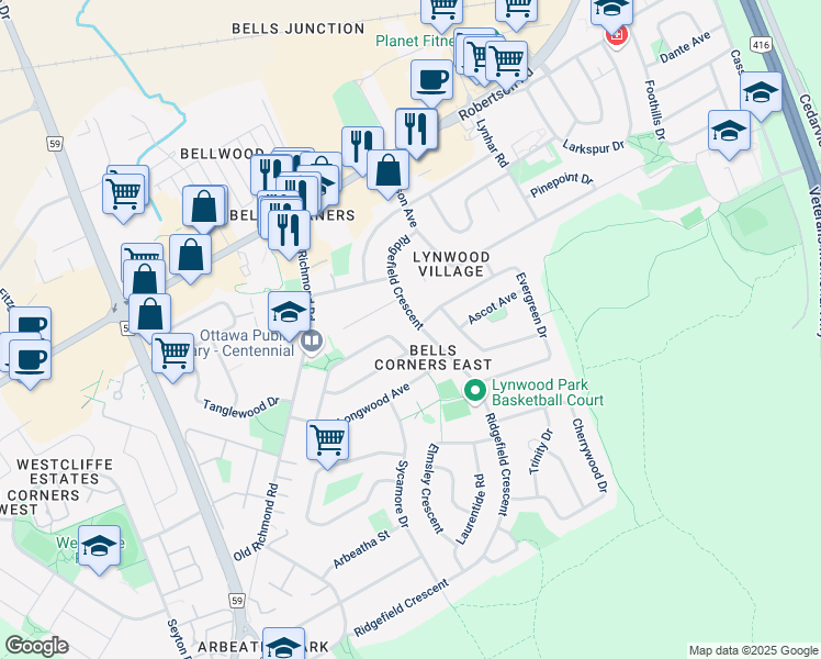 map of restaurants, bars, coffee shops, grocery stores, and more near 28 Ridgefield Crescent in Ottawa