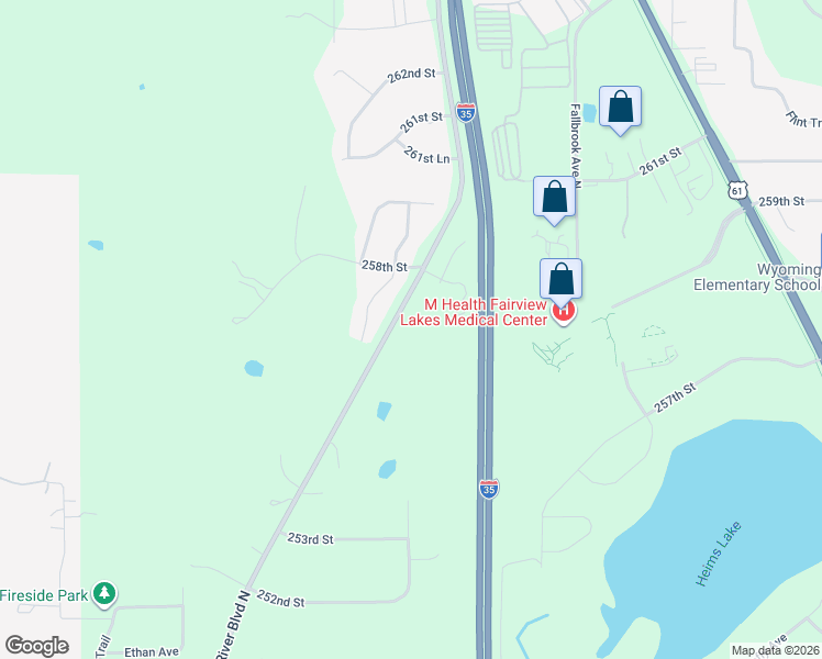 map of restaurants, bars, coffee shops, grocery stores, and more near 25723 Kettle River Boulevard North in Wyoming
