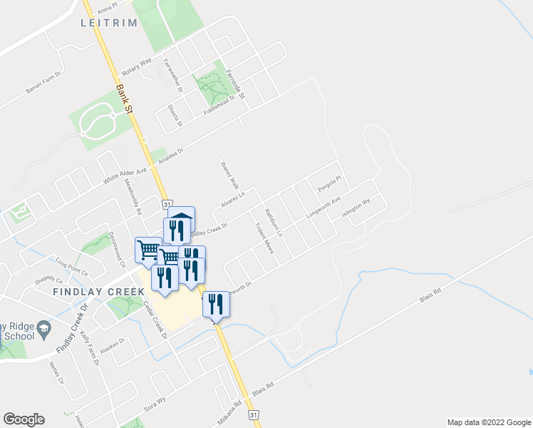 map of restaurants, bars, coffee shops, grocery stores, and more near 564 Rathburn Lane in Ottawa