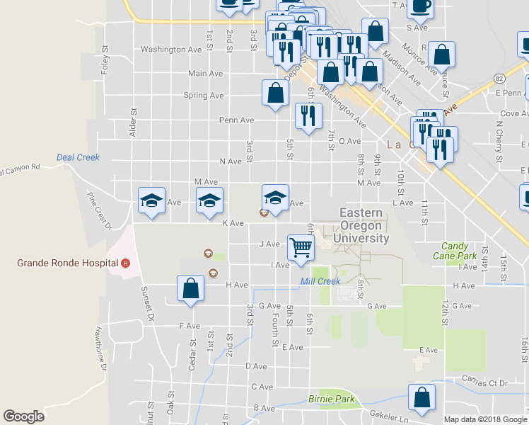 map of restaurants, bars, coffee shops, grocery stores, and more near 1108 Fourth Street in La Grande