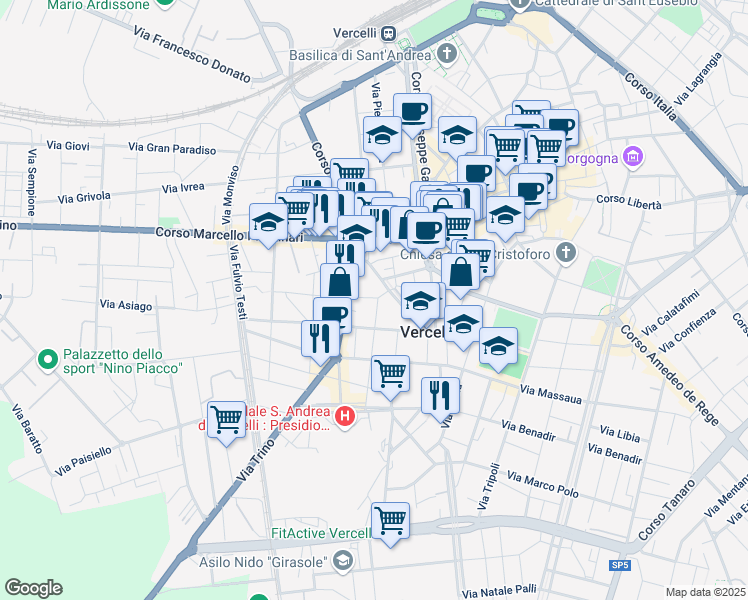 map of restaurants, bars, coffee shops, grocery stores, and more near 8-16 Via Ludovico Ariosto in Vercelli