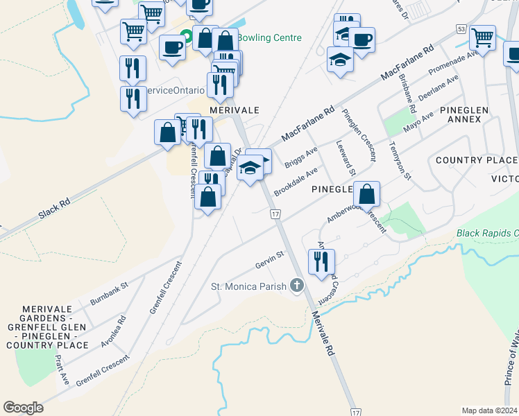 map of restaurants, bars, coffee shops, grocery stores, and more near 5 Cassone Court in Ottawa