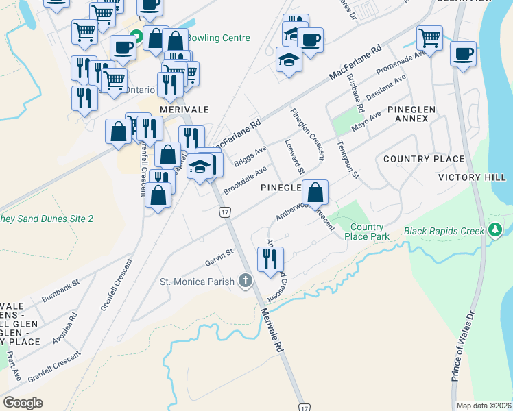 map of restaurants, bars, coffee shops, grocery stores, and more near 8 Pineglen Crescent in Ottawa