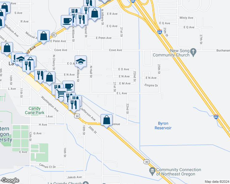 map of restaurants, bars, coffee shops, grocery stores, and more near 2402 East L Avenue in La Grande