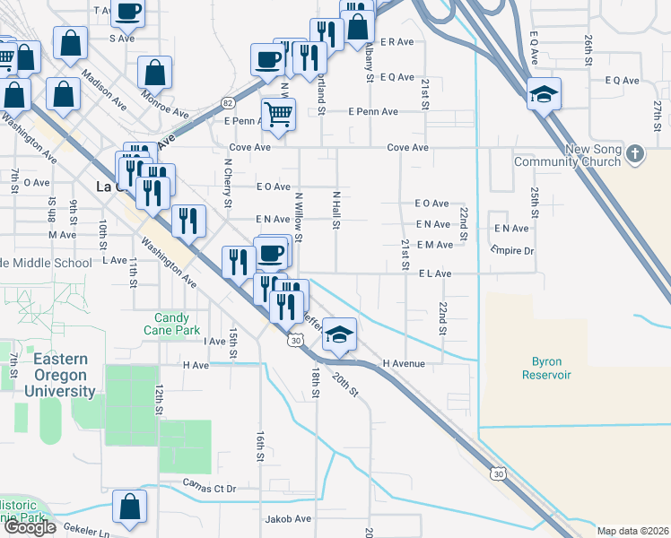 map of restaurants, bars, coffee shops, grocery stores, and more near 1206 North Hall Street in La Grande