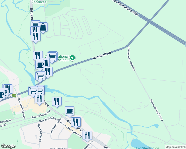 map of restaurants, bars, coffee shops, grocery stores, and more near 104 Rue Samara in Bromont