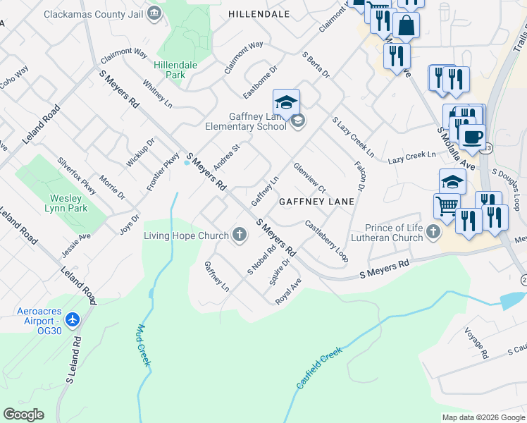 map of restaurants, bars, coffee shops, grocery stores, and more near 13413 South Gerber Woods Drive in Oregon City