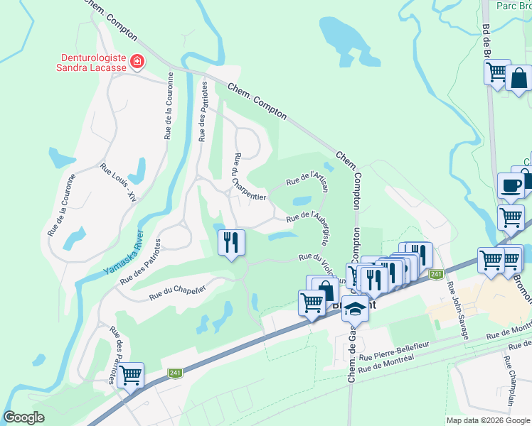 map of restaurants, bars, coffee shops, grocery stores, and more near 601 Rue du Charpentier in Bromont
