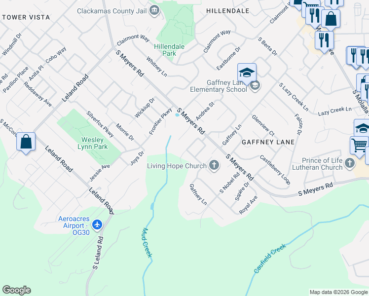map of restaurants, bars, coffee shops, grocery stores, and more near 13155 Century Drive in Oregon City