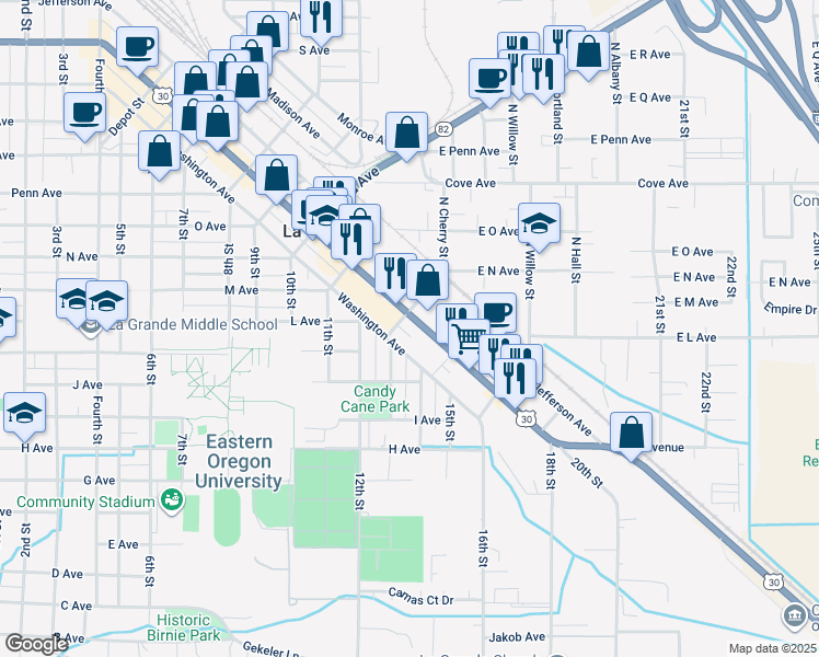 map of restaurants, bars, coffee shops, grocery stores, and more near 2009 Adams Avenue in La Grande
