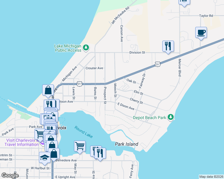 map of restaurants, bars, coffee shops, grocery stores, and more near 301 Meech Street in Charlevoix