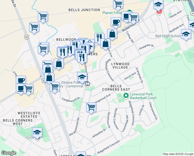 map of restaurants, bars, coffee shops, grocery stores, and more near in Ottawa