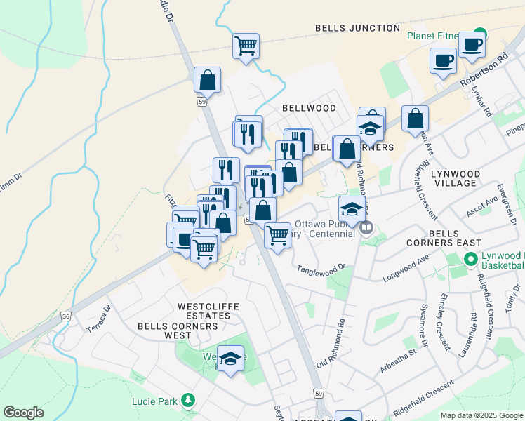 map of restaurants, bars, coffee shops, grocery stores, and more near in Ottawa