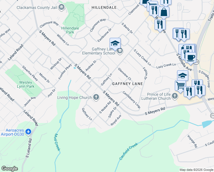 map of restaurants, bars, coffee shops, grocery stores, and more near 13316 Gaffney Lane in Oregon City