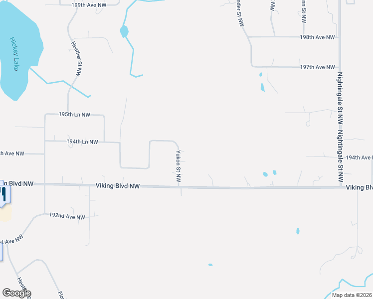 map of restaurants, bars, coffee shops, grocery stores, and more near 19407 Yukon Street Northwest in Oak Grove
