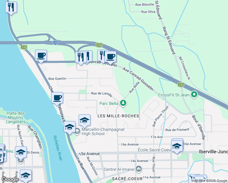 map of restaurants, bars, coffee shops, grocery stores, and more near 210 Rue Robert-Jones in Saint-Jean-sur-Richelieu