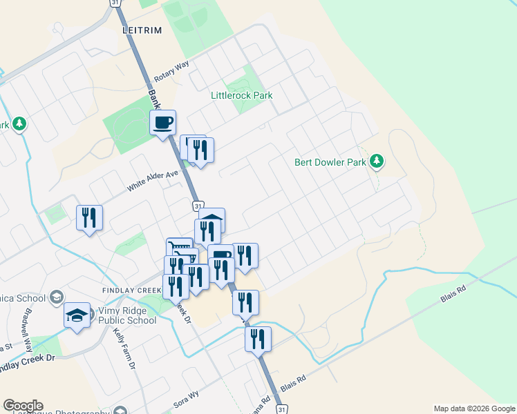 map of restaurants, bars, coffee shops, grocery stores, and more near 914 Alvarez Lane in Ottawa