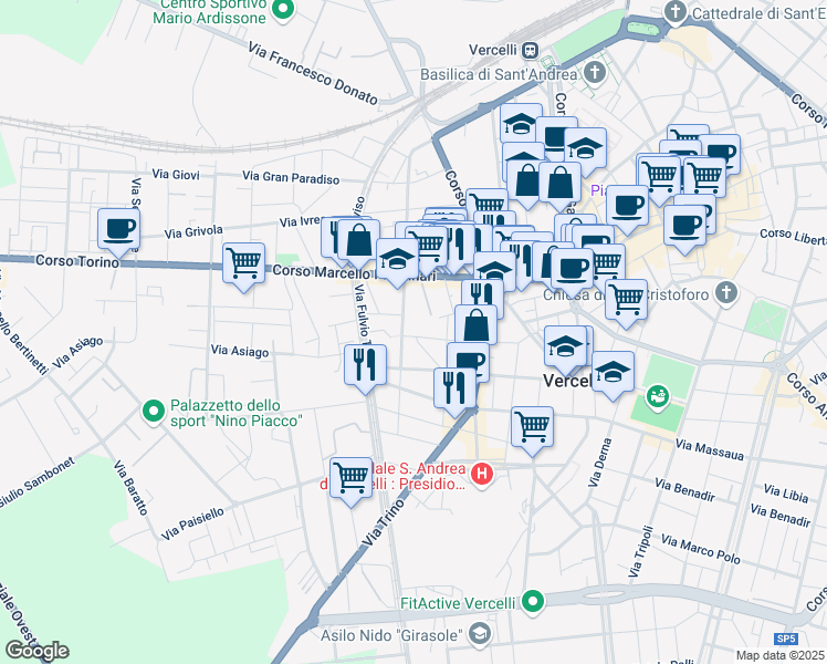 map of restaurants, bars, coffee shops, grocery stores, and more near 19 Via Giuseppe Chicco in Vercelli