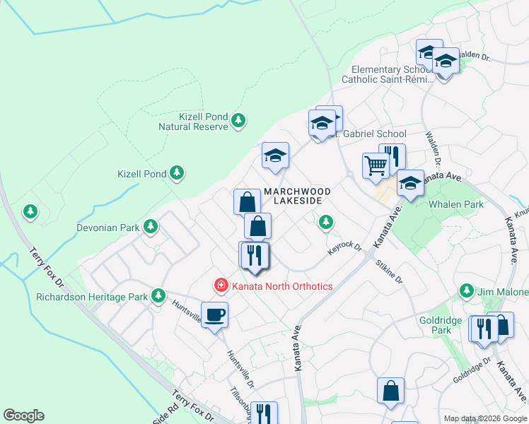 map of restaurants, bars, coffee shops, grocery stores, and more near 268 Keyrock Drive in Ottawa